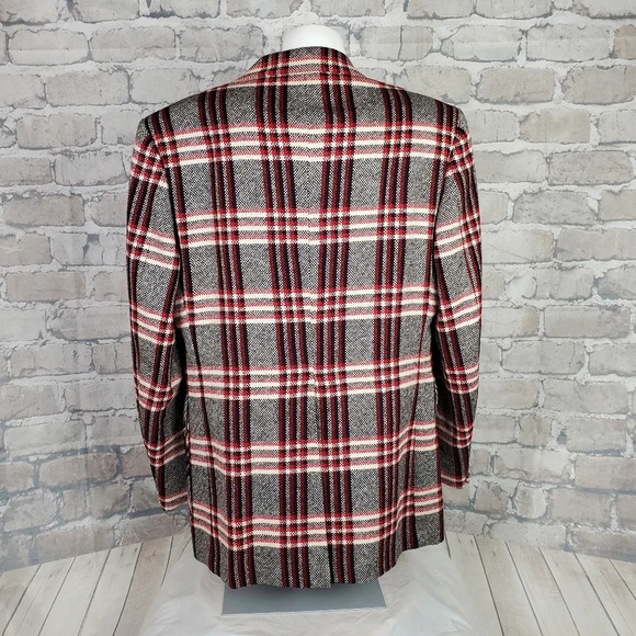 Vintage Men's Wool Blazer Red Black White Plaid 43 Regular Oversized - Picture 9 of 16